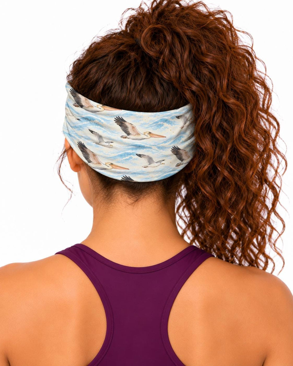 AI generated model wearing the pelicans over waves neck gaiter as a headband, back view