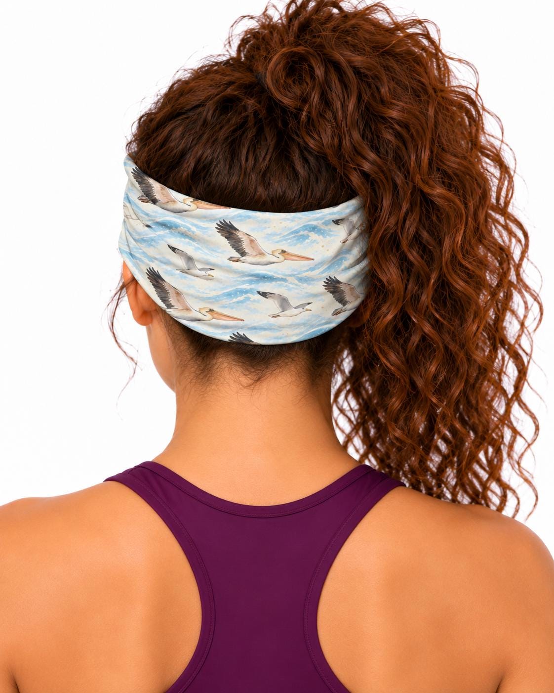 AI generated model wearing the pelicans over waves neck gaiter as a headband, back view