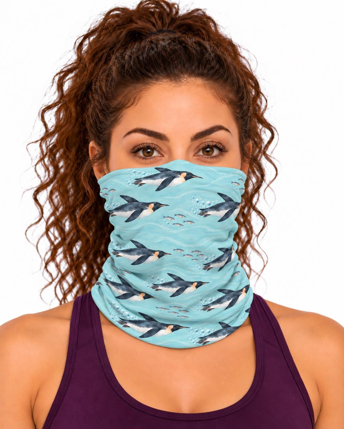AI generated model wearing the penguin neck gaiter as a bandana, front view
