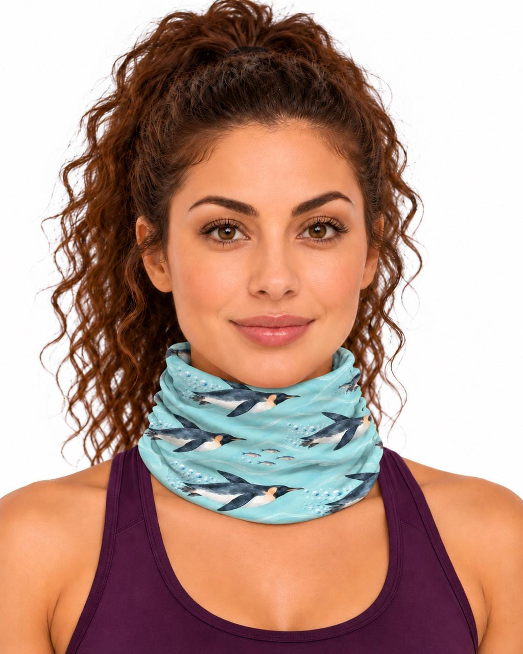 AI generated model wearing the penguin neck gaiter pulled up around the neck