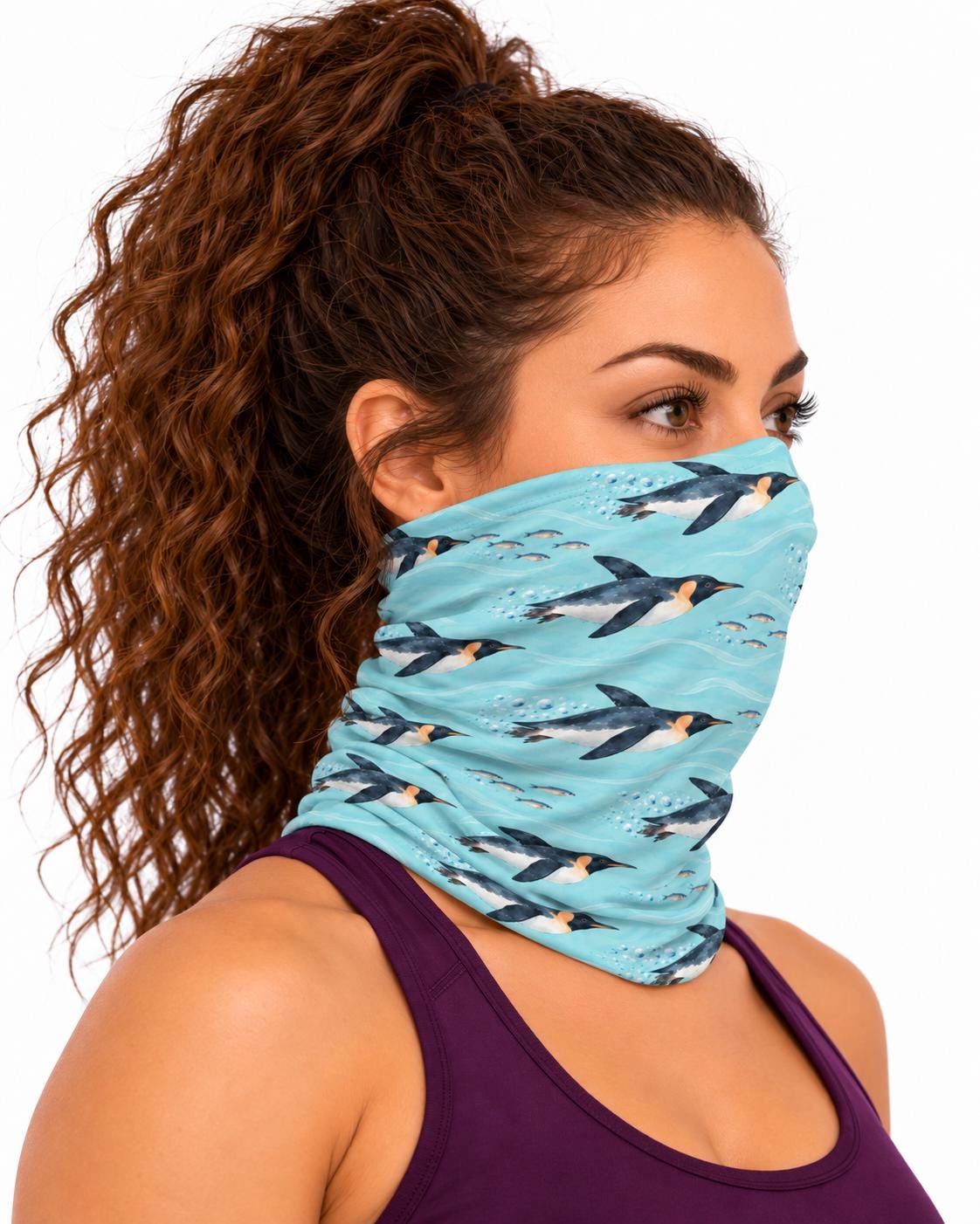 AI generated model wearing the penguin neck gaiter as a bandana, side view