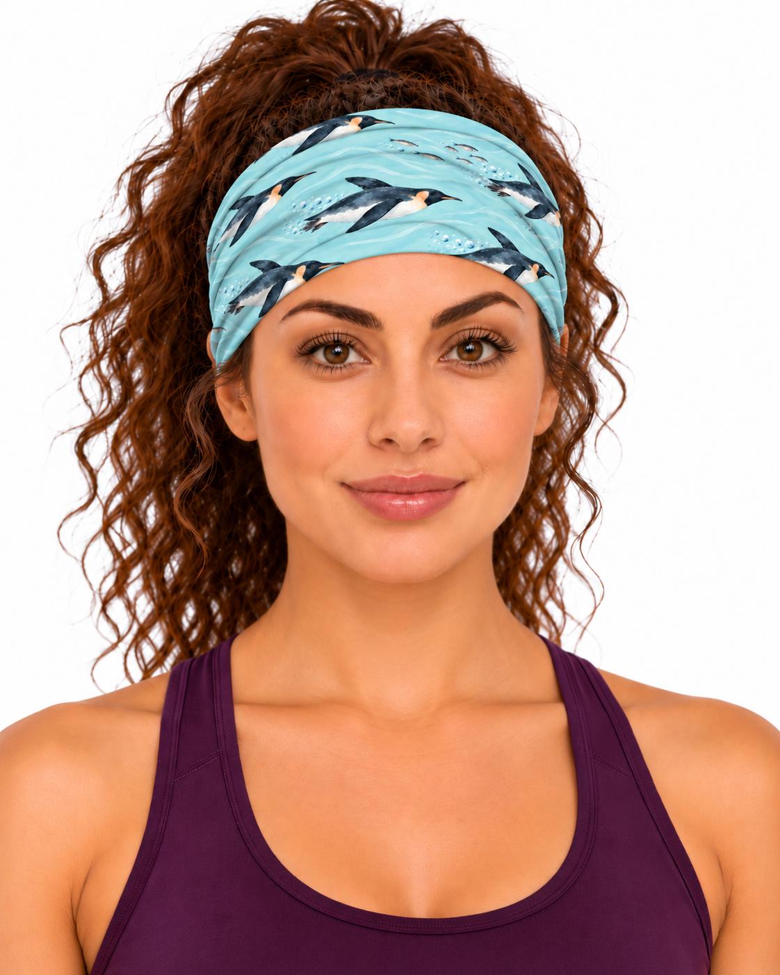 AI generated model wearing the penguin neck gaiter as a headband, front view