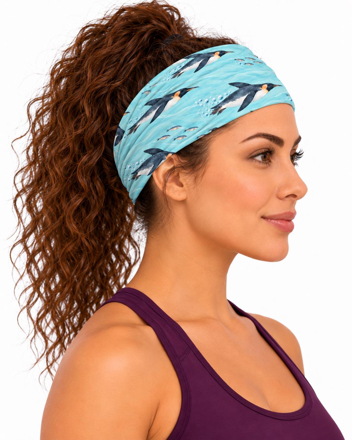 AI generated model wearing the penguin neck gaiter as a headband, side view