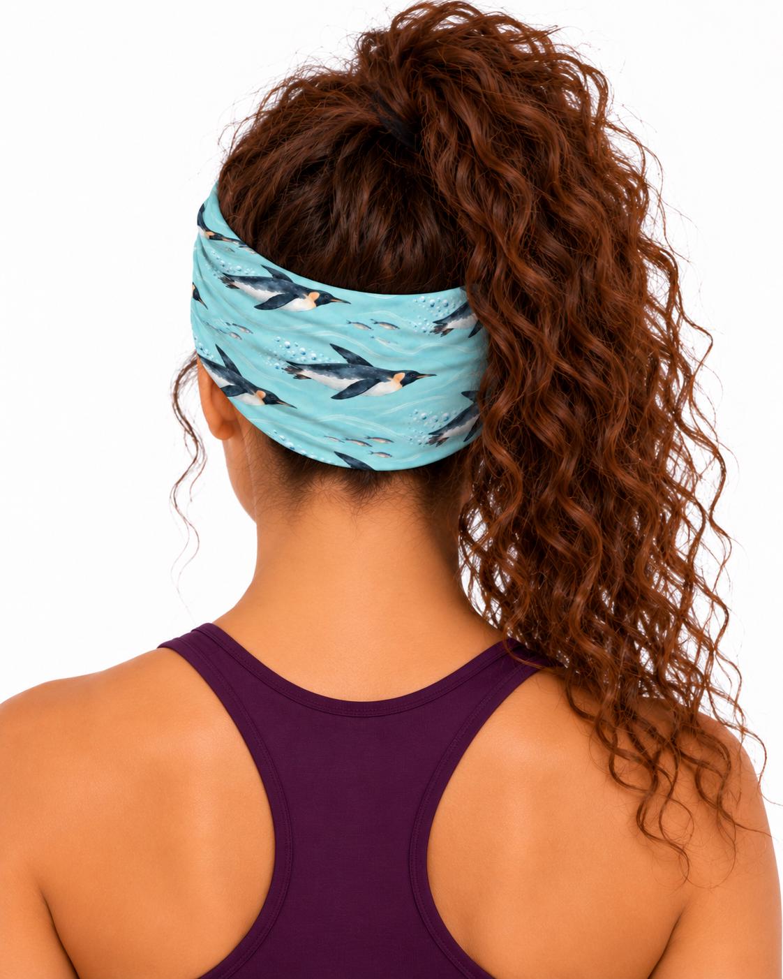 AI generated model wearing the penguin neck gaiter as a headband, back view