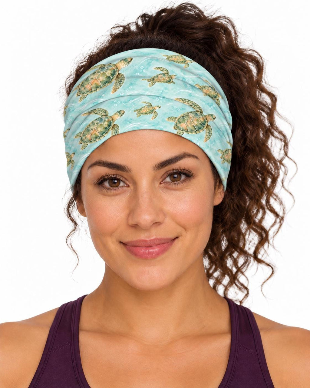 AI generated model wearing the aqua sea turtle neck gaiter as a headband, front view