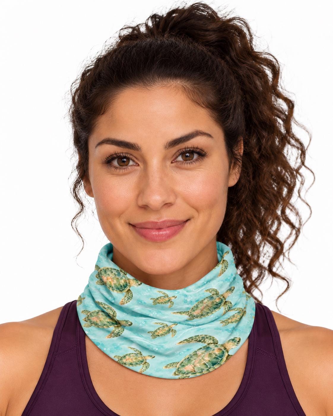 AI generated model wearing the aqua sea turtle neck gaiter pulled up around the neck