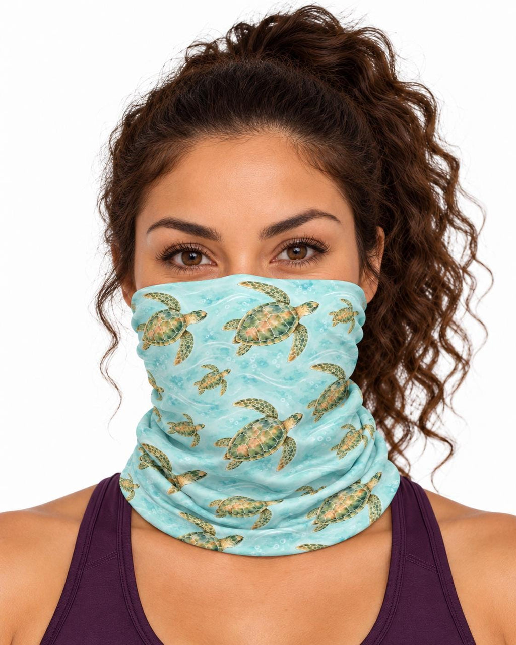 AI generated model wearing the aqua sea turtle neck gaiter as a bandana, front view