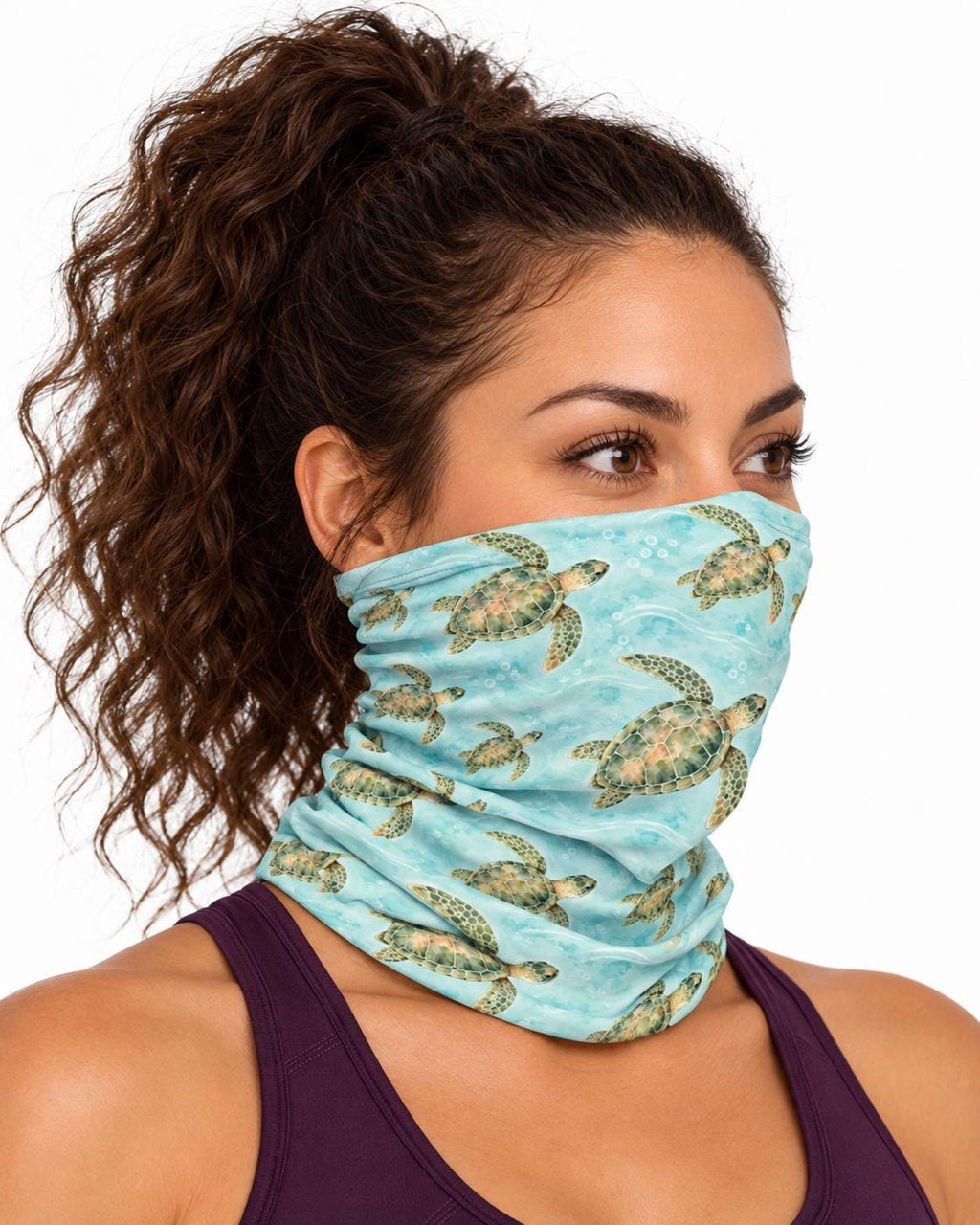 AI generated model wearing the aqua sea turtle neck gaiter as a bandana, side view