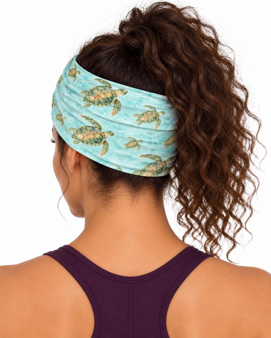 AI generated model wearing the aqua sea turtle neck gaiter as a headband, back view