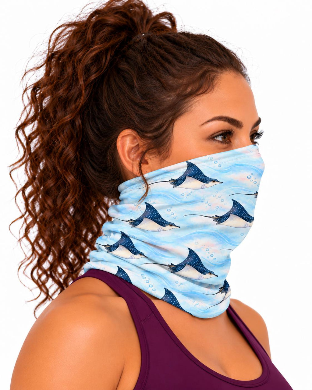 AI generated model wearing the spotted eagle ray neck gaiter as a bandana, side view