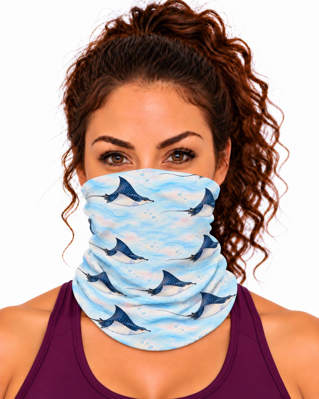 AI generated model wearing the spotted eagle ray neck gaiter as a bandana, front view