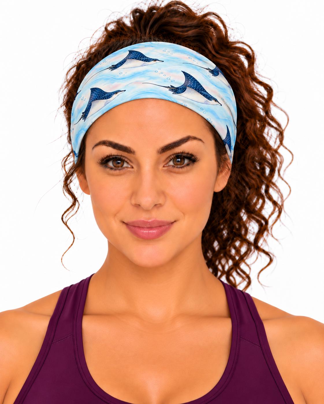 AI generated model wearing the spotted eagle ray neck gaiter as a headband, front view