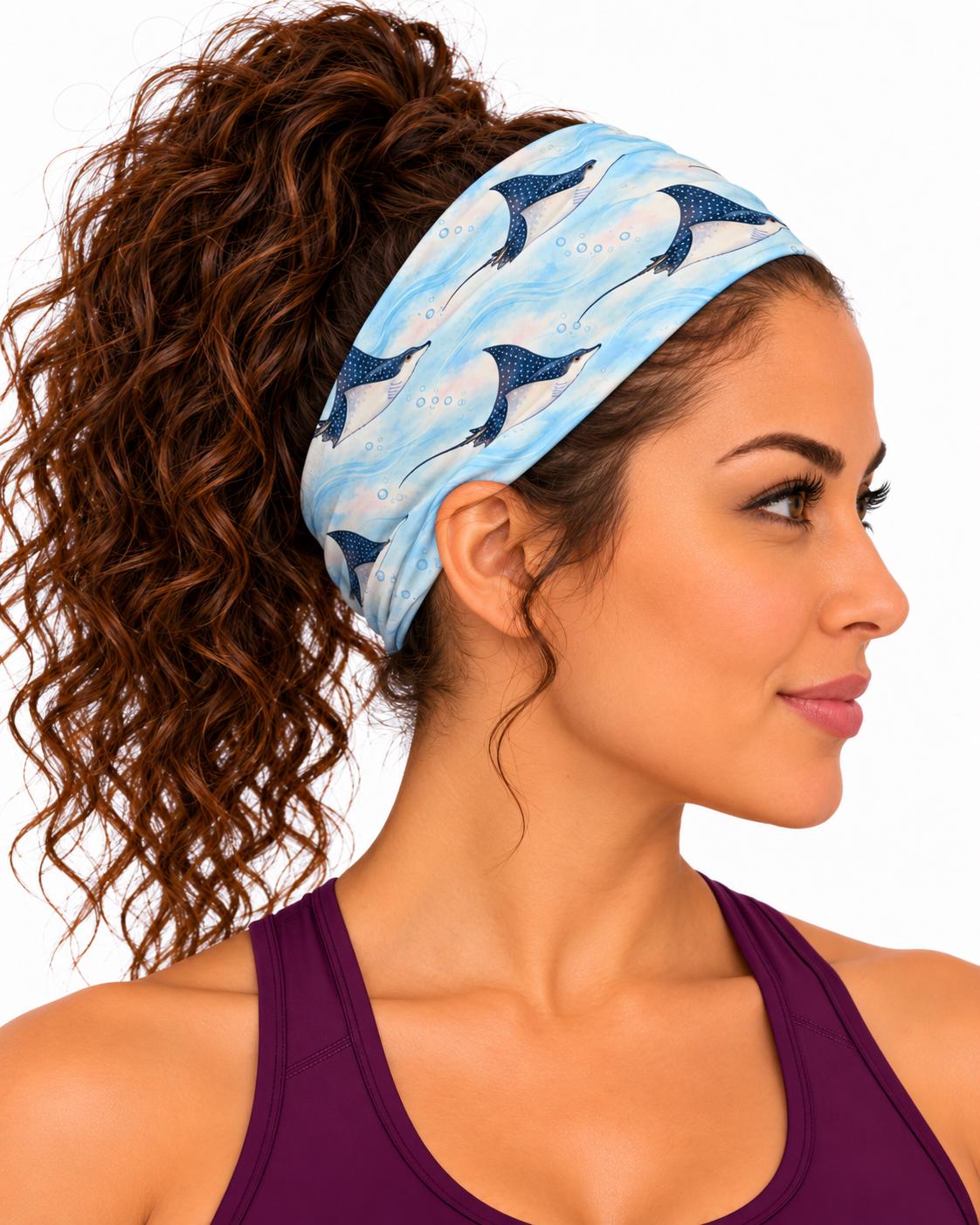 AI generated model wearing the spotted eagle ray neck gaiter as a headband, side view