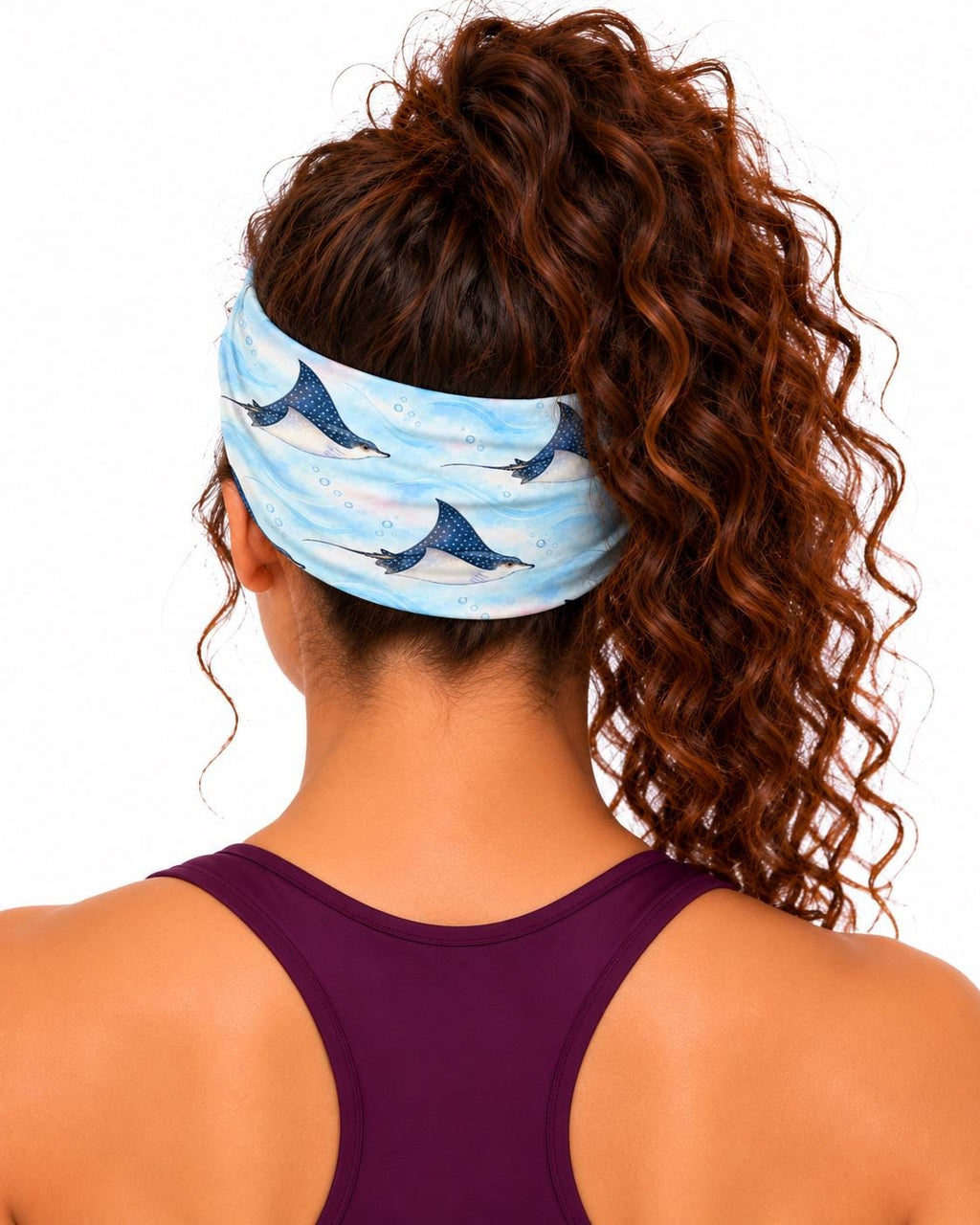 AI generated model wearing the spotted eagle ray neck gaiter as a headband, back view