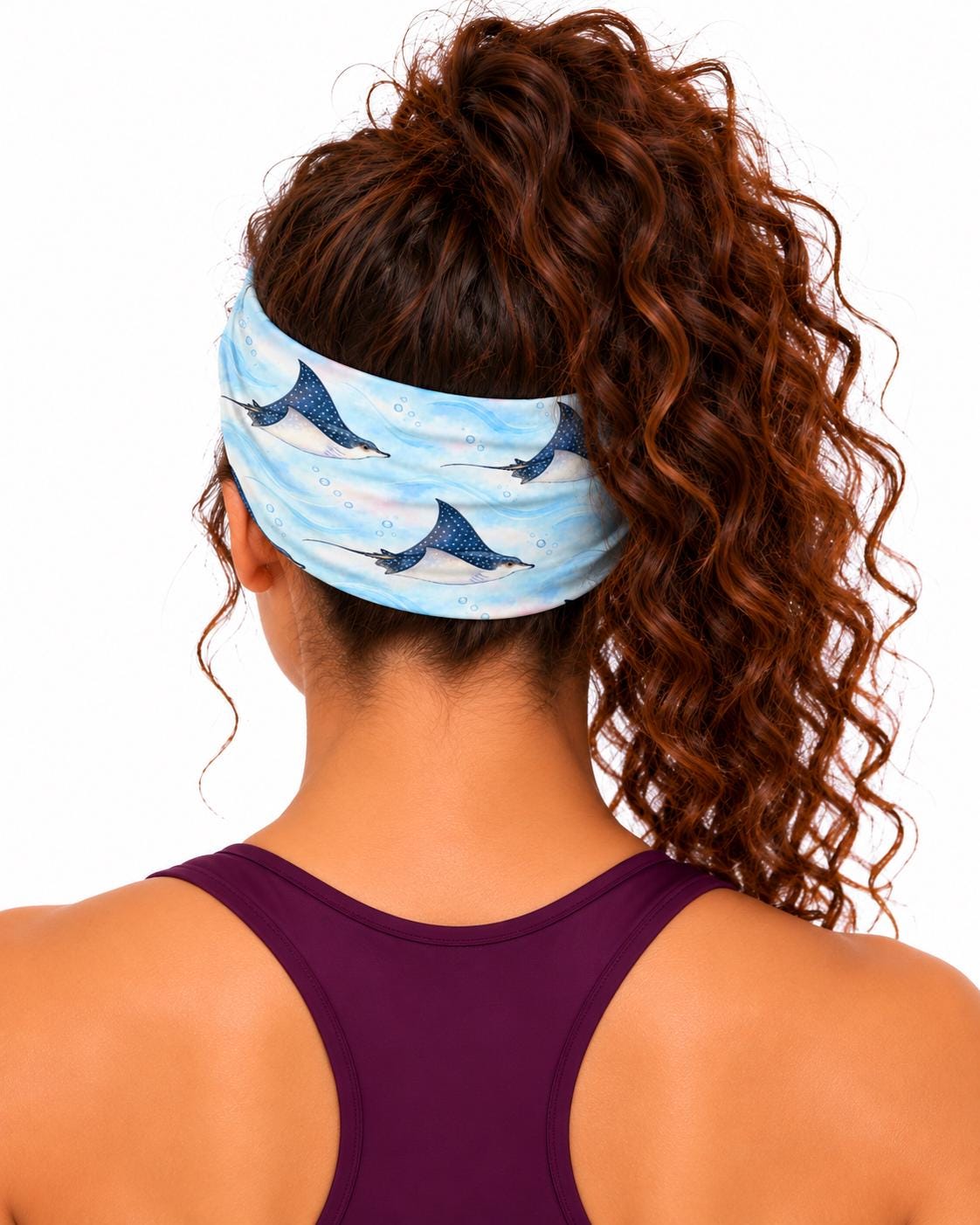 AI generated model wearing the spotted eagle ray neck gaiter as a headband, back view