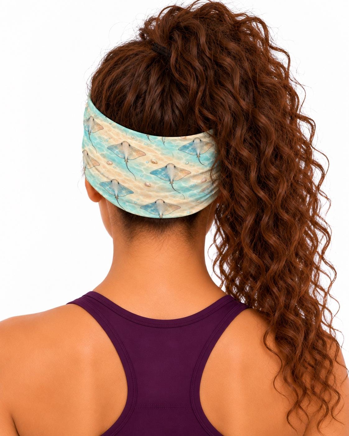 AI generated model wearing the stingray seafloor neck gaiter as a headband, back view