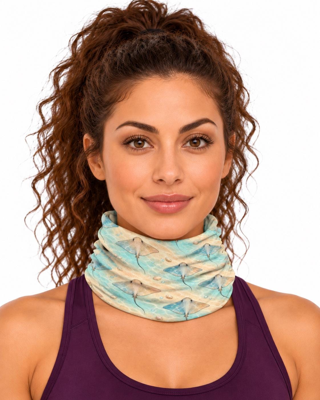 AI generated model wearing the stingray seafloor neck gaiter pulled up around the neck