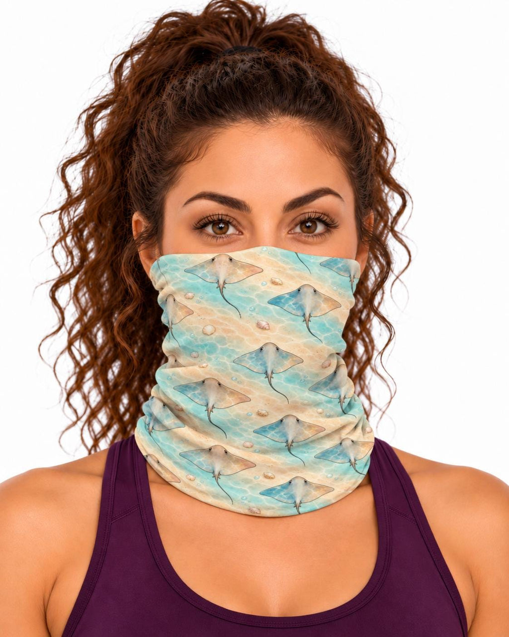 AI generated model wearing the stingray seafloor neck gaiter as a bandana, front view