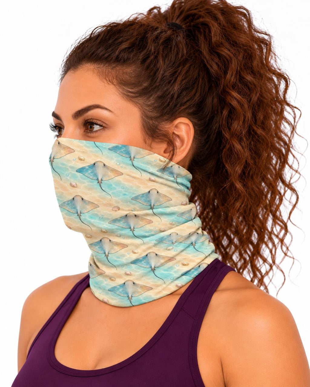 AI generated model wearing the stingray seafloor neck gaiter as a bandana, side view