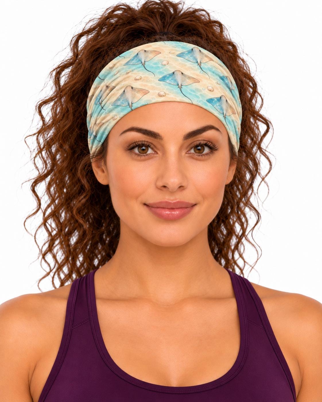 AI generated model wearing the stingray seafloor neck gaiter as a headband, front view