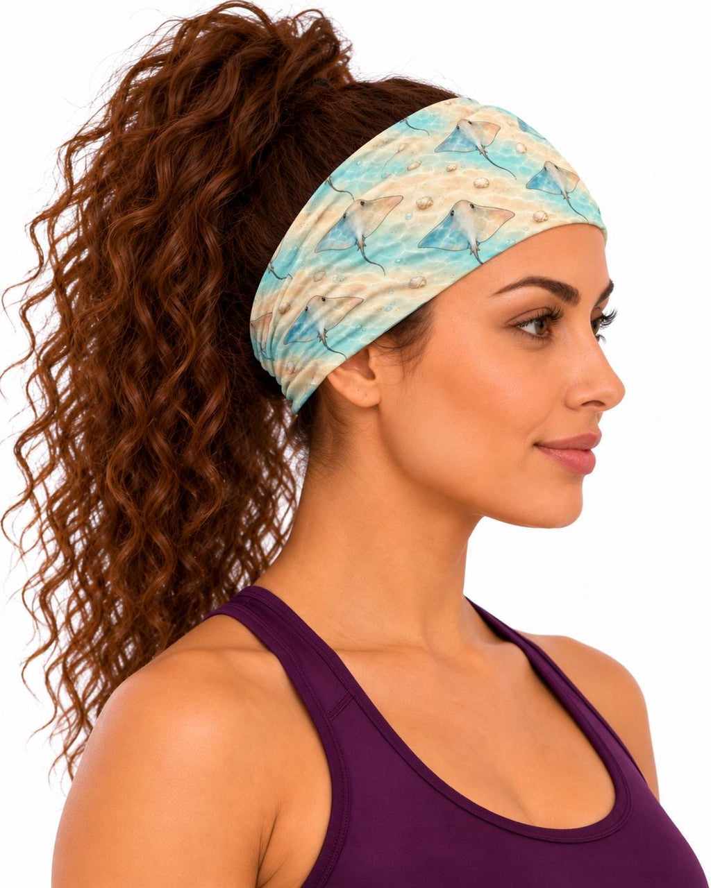 AI generated model wearing the stingray seafloor neck gaiter as a headband, side view