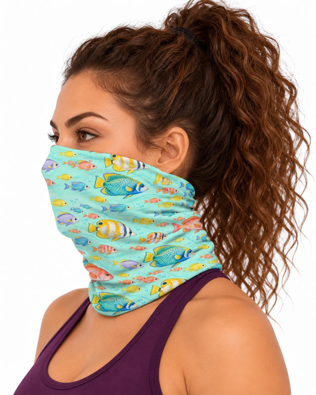 AI generated model wearing the tropical reef fish neck gaiter as a bandana, side view