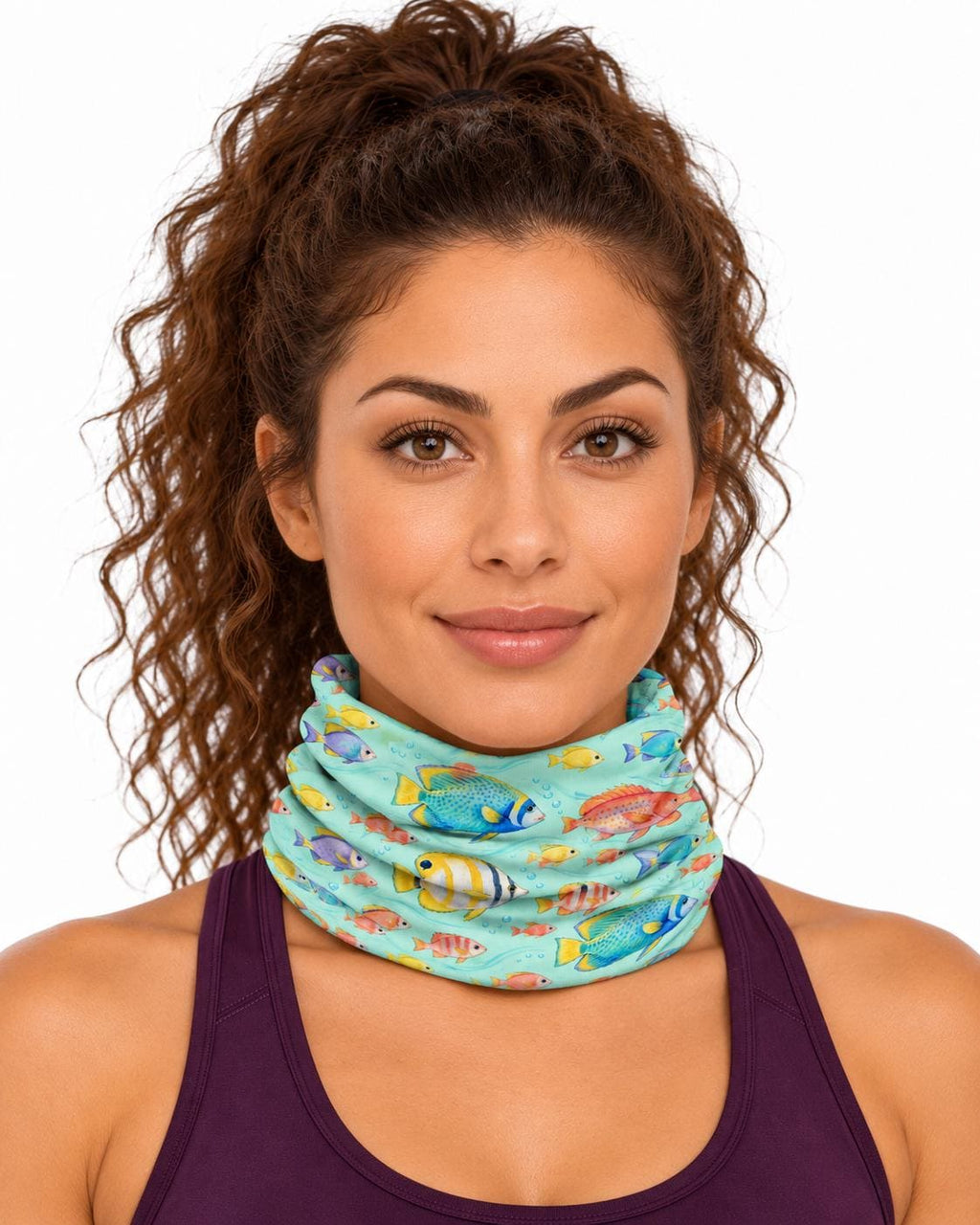 AI generated model wearing the tropical reef fish neck gaiter pulled up around the neck