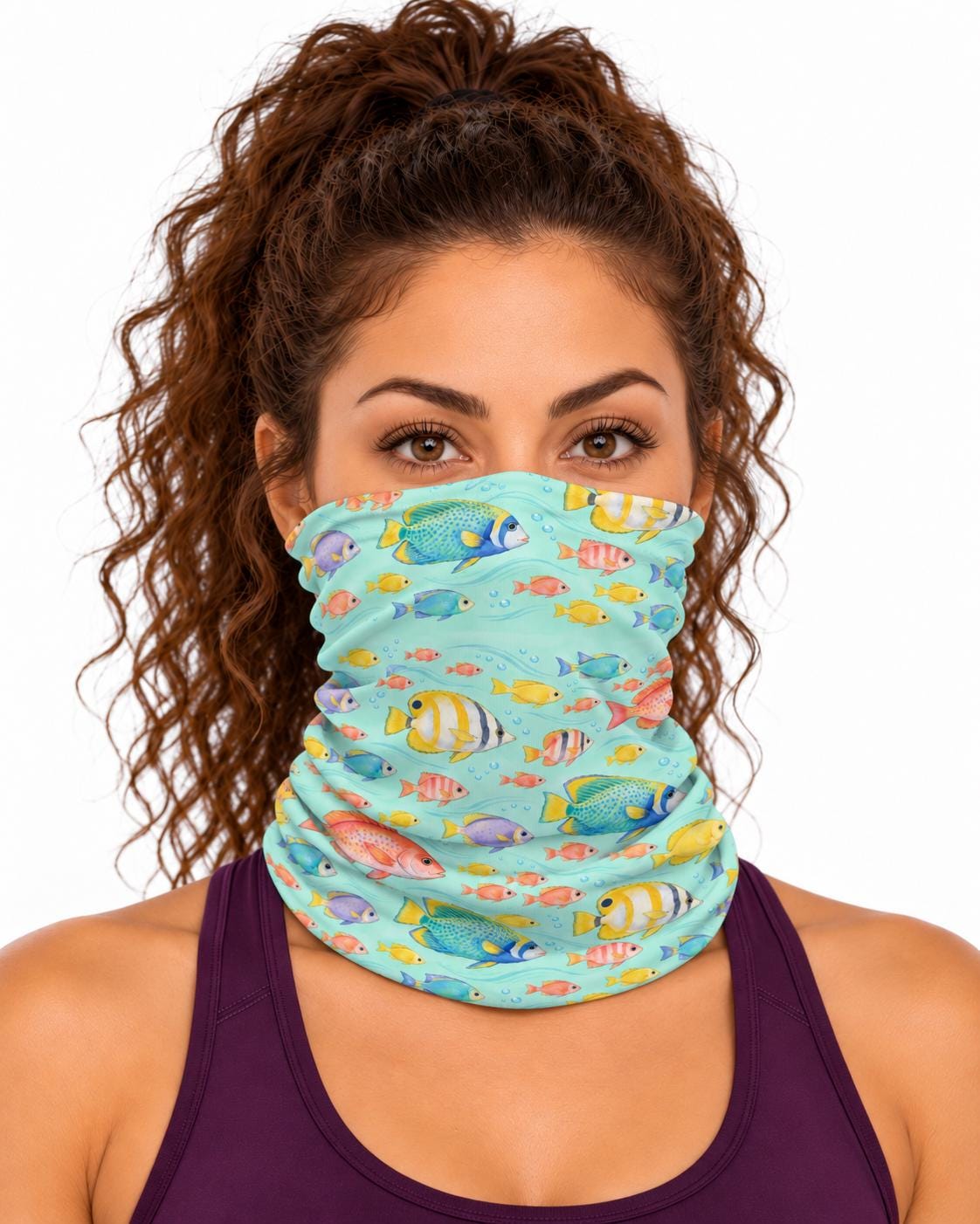 AI generated model wearing the tropical reef fish neck gaiter as a bandana, front view