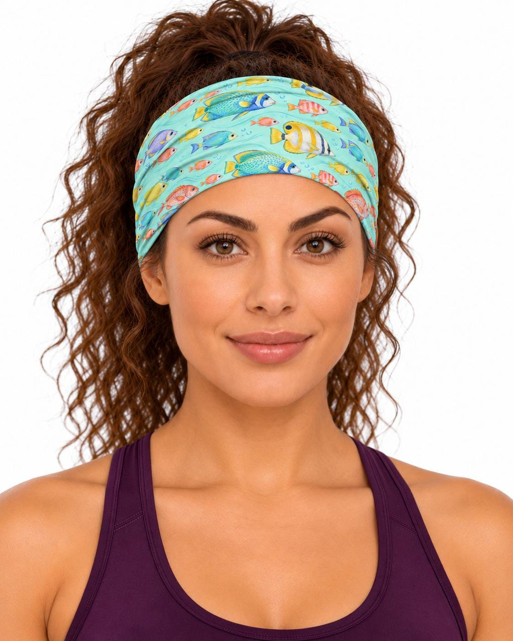 AI generated model wearing the tropical reef fish neck gaiter as a headband, front view