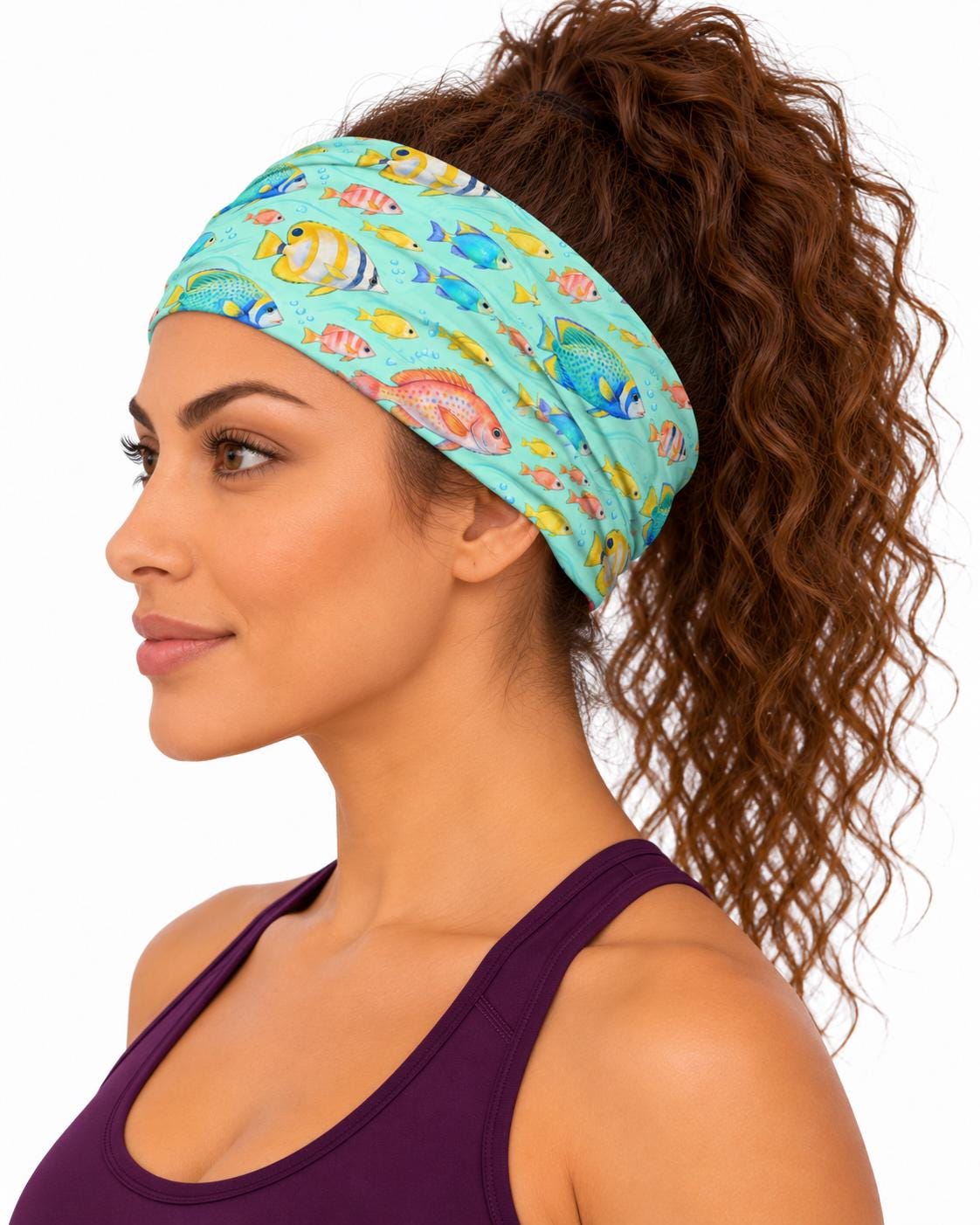 AI generated model wearing the tropical reef fish neck gaiter as a headband, side view