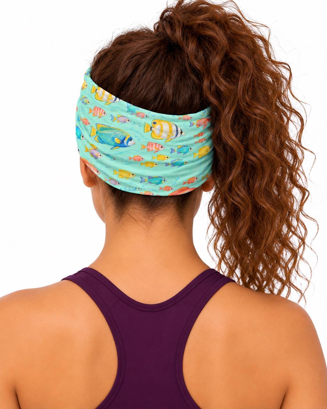 AI generated model wearing the tropical reef fish neck gaiter as a headband, back view