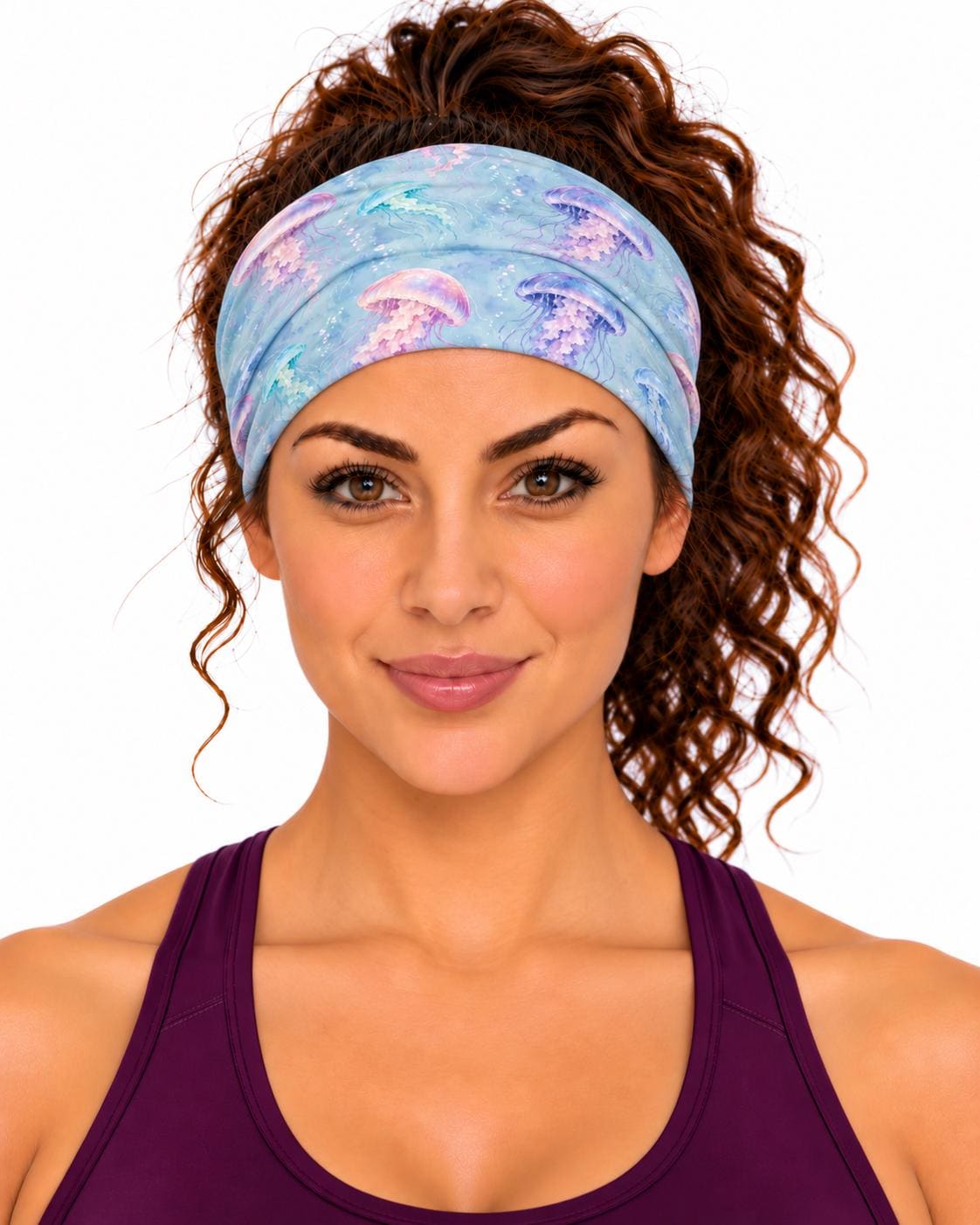 AI generated model wearing the watercolor jellyfish neck gaiter as a headband, front view
