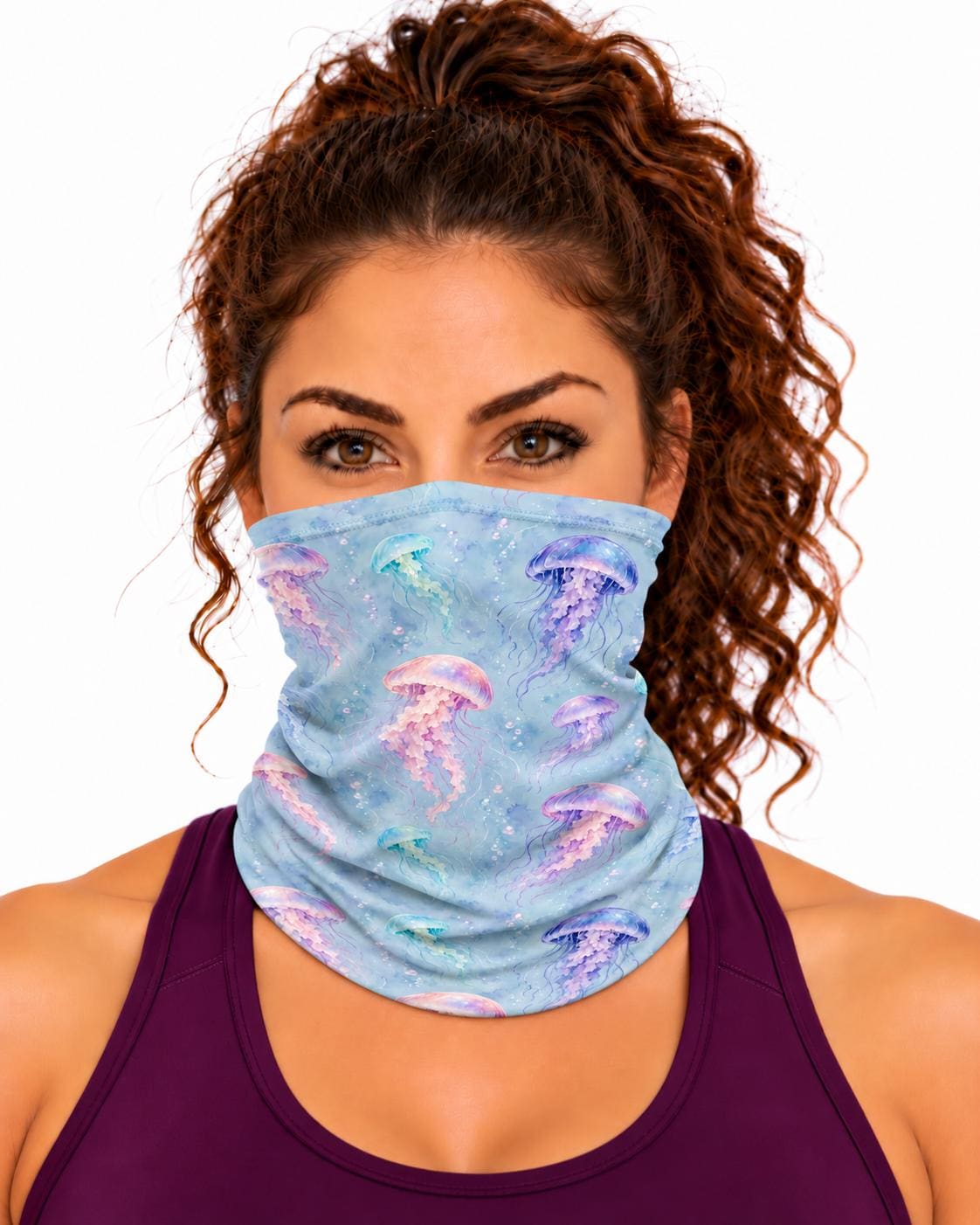AI generated model wearing the watercolor jellyfish neck gaiter as a bandana, front view