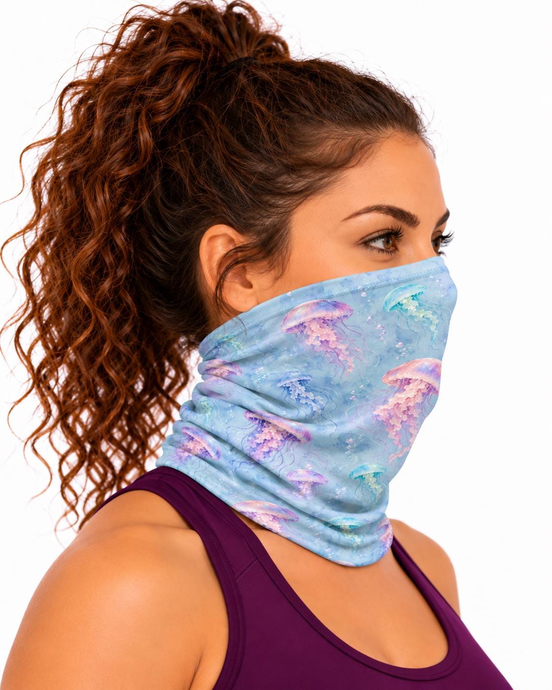 AI generated model wearing the watercolor jellyfish neck gaiter as a bandana, side view