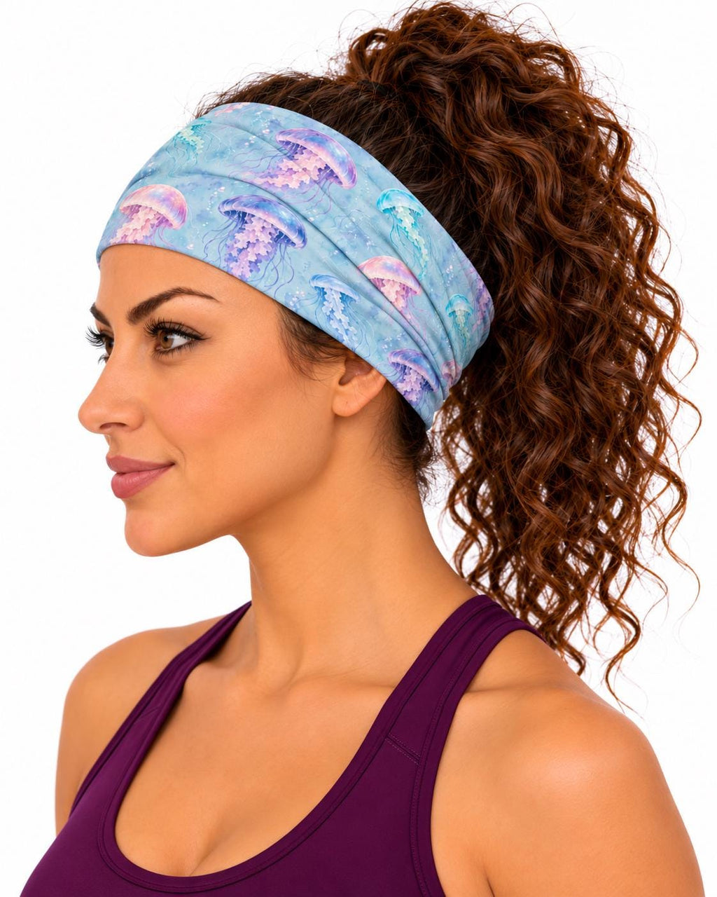 AI generated model wearing the watercolor jellyfish neck gaiter as a headband, side view