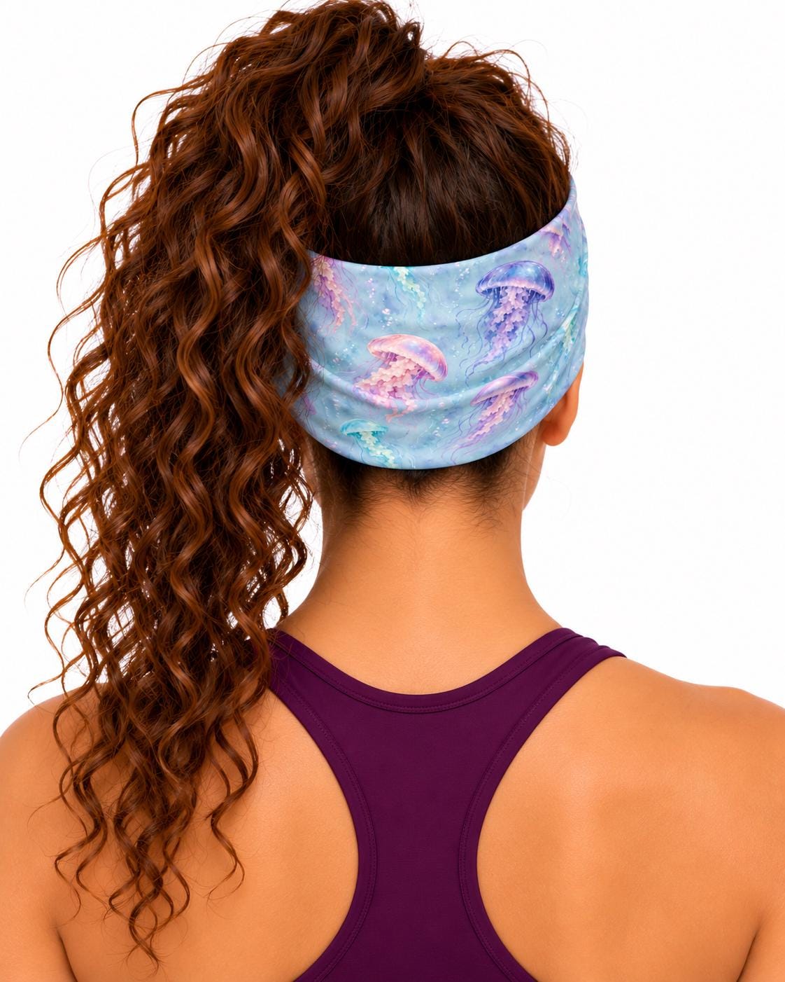 AI generated model wearing the watercolor jellyfish neck gaiter as a headband, back view
