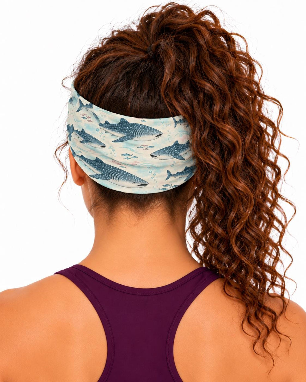 AI generated model wearing the whale shark neck gaiter as a headband, front view