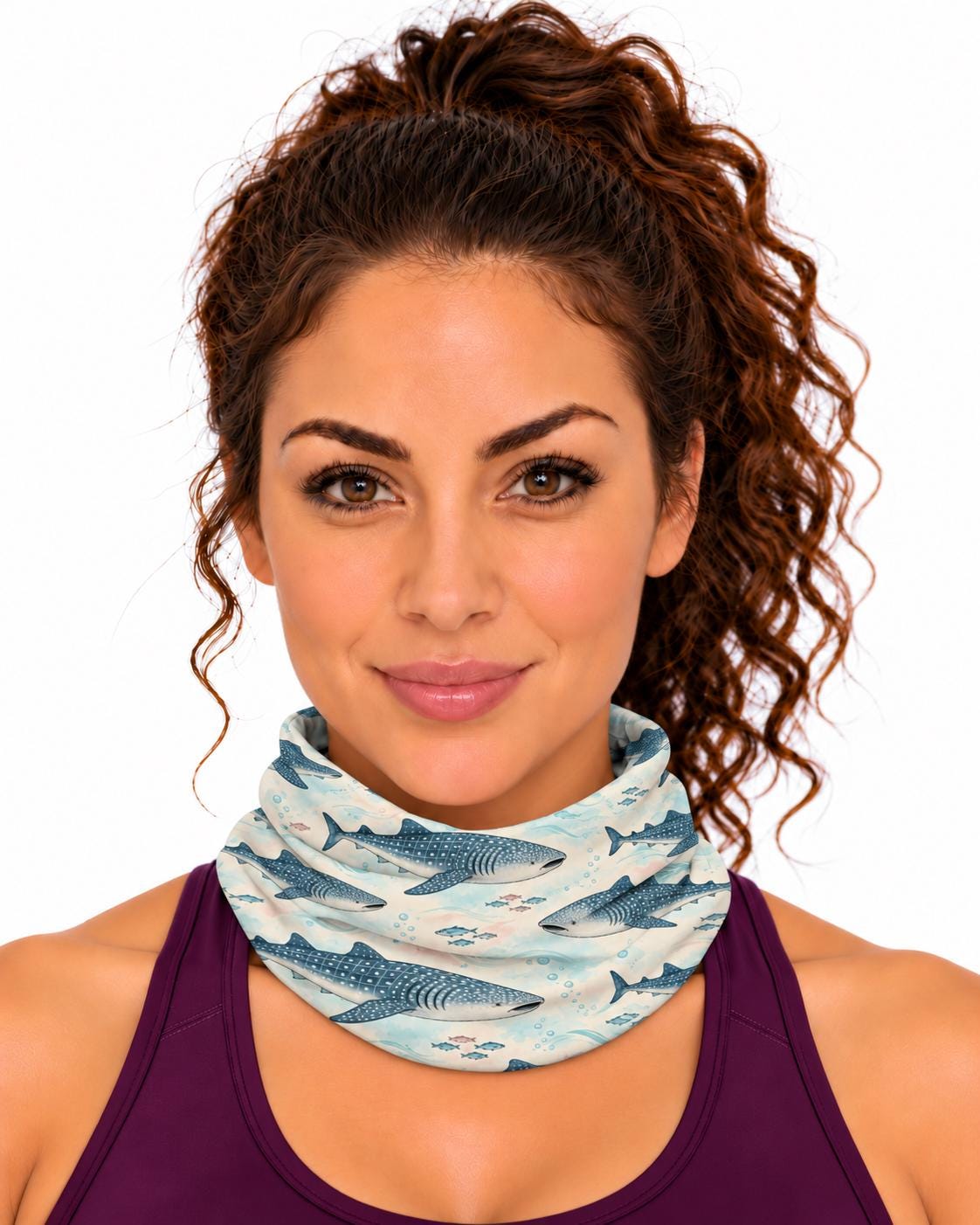 AI generated model wearing the whale shark neck gaiter pulled up around the neck