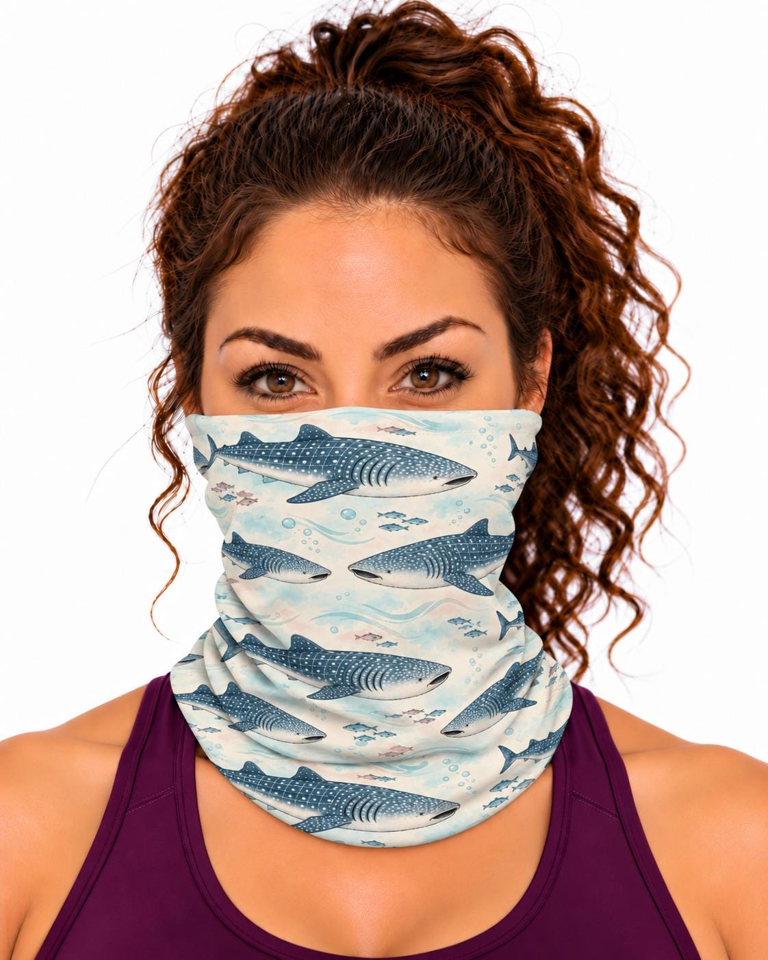 AI generated model wearing the whale shark neck gaiter as a bandana, front view