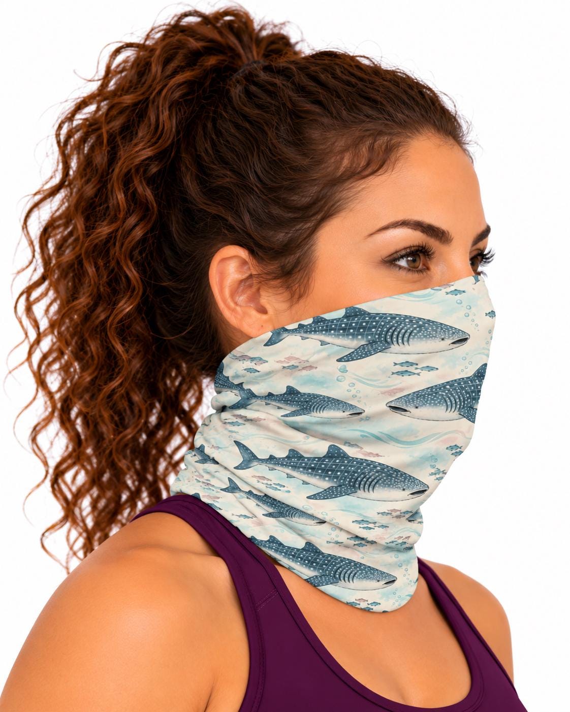 AI generated model wearing the whale shark neck gaiter as a bandana, side view