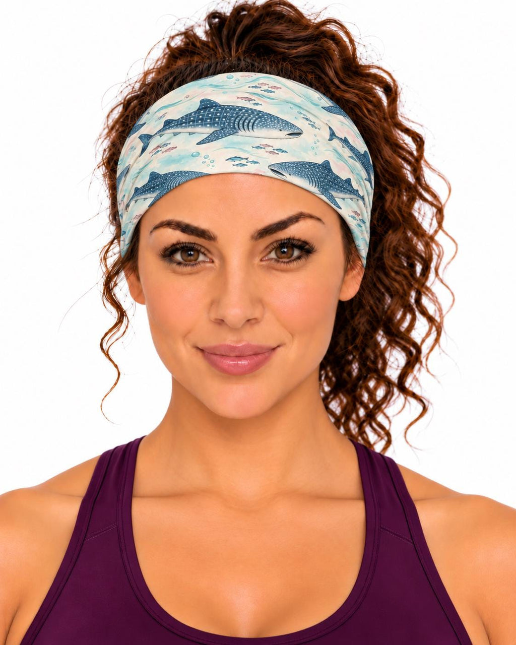 AI generated model wearing the whale shark neck gaiter as a headband, front view