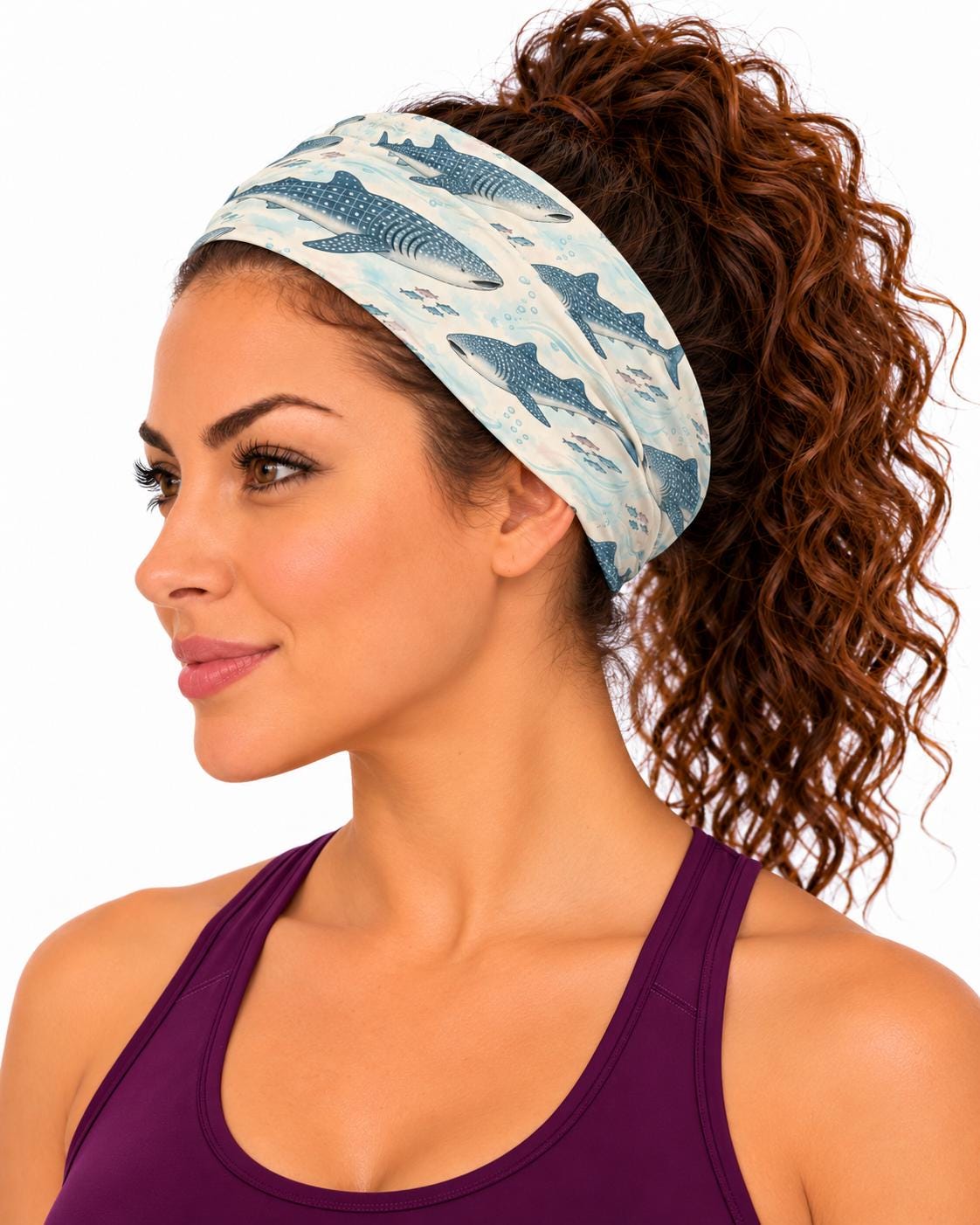 AI generated model wearing the whale shark neck gaiter as a headband, side view