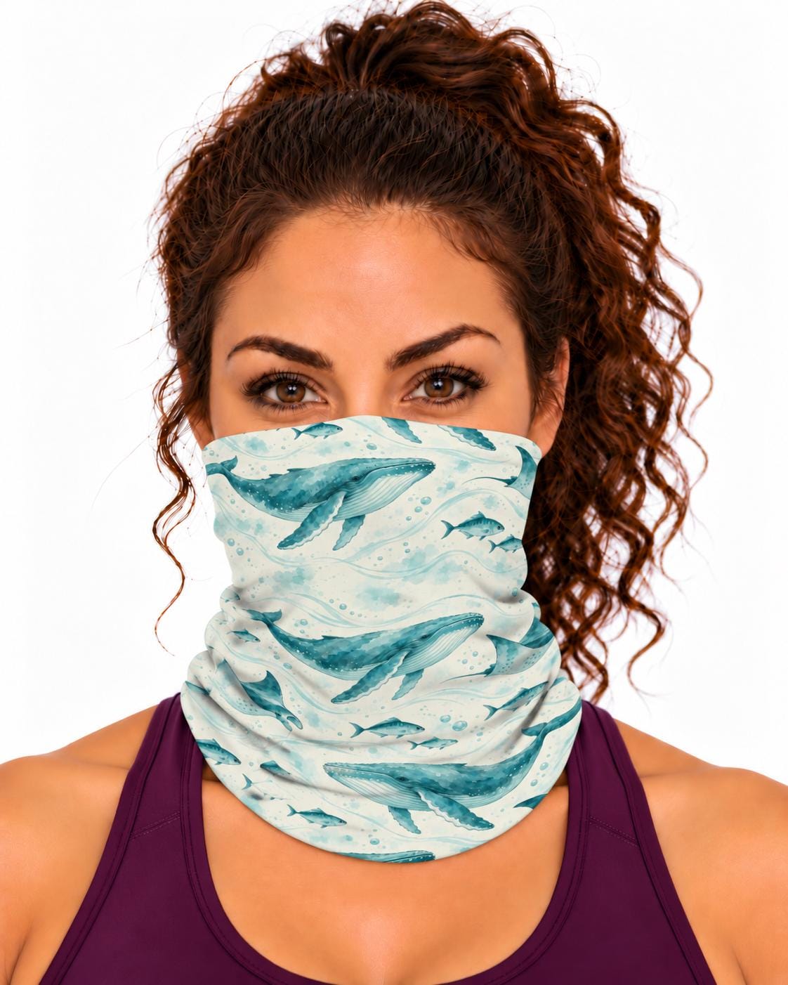 AI generated model wearing the whales and manta rays neck gaiter as a bandana, front view