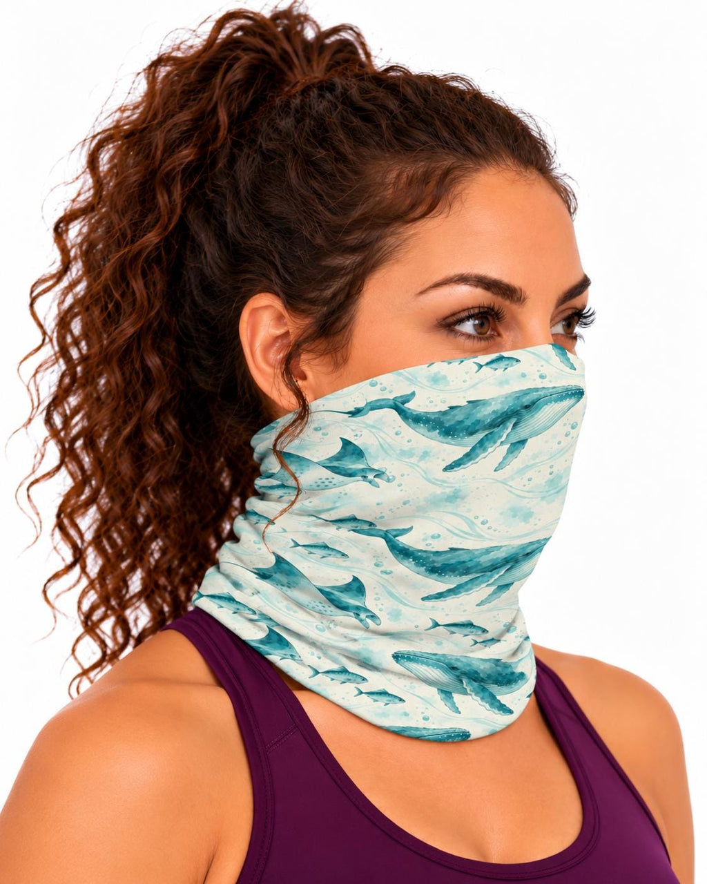 AI generated model wearing the whales and manta rays neck gaiter as a bandana, side view