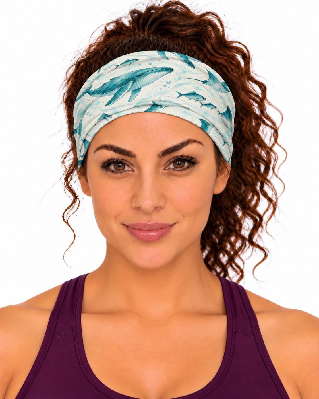 AI generated model wearing the whales and manta rays neck gaiter as a headband, front view