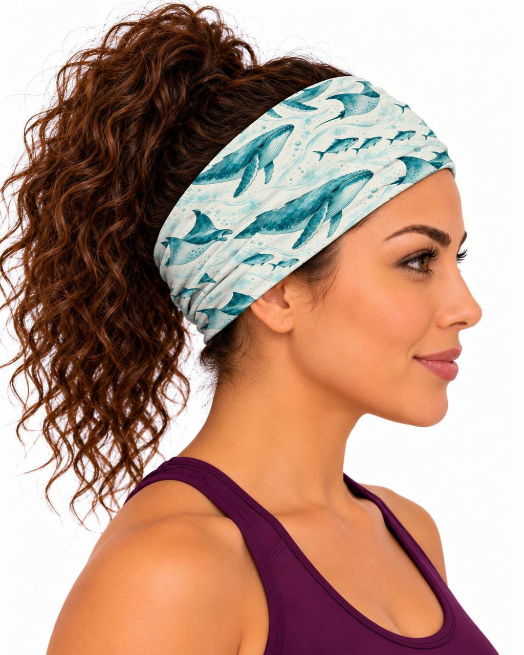 AI generated model wearing the whales and manta rays neck gaiter as a headband, side view